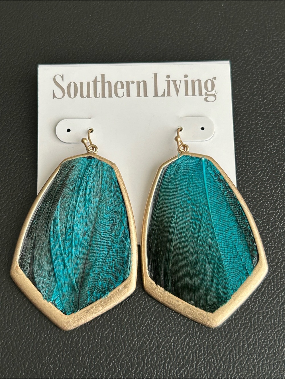 Southern Living Teal Feather Earrings with Gold Trim